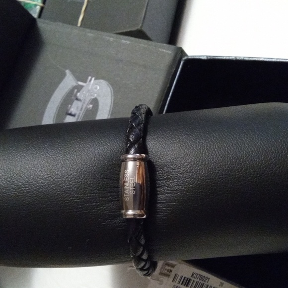 Men stainless steel SM pu leather black silver bracelet 8.1" - Picture 4 of 5